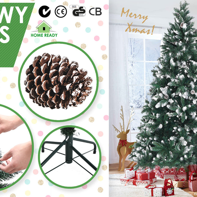 Home Ready 7Ft 210cm 1290 tips Green Snowy Christmas Tree Xmas Pine Cones