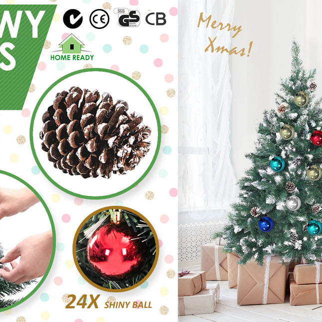 Home Ready 4Ft 120cm 390 tips Green Snowy Christmas Tree Xmas Pine Cones + Bauble Balls