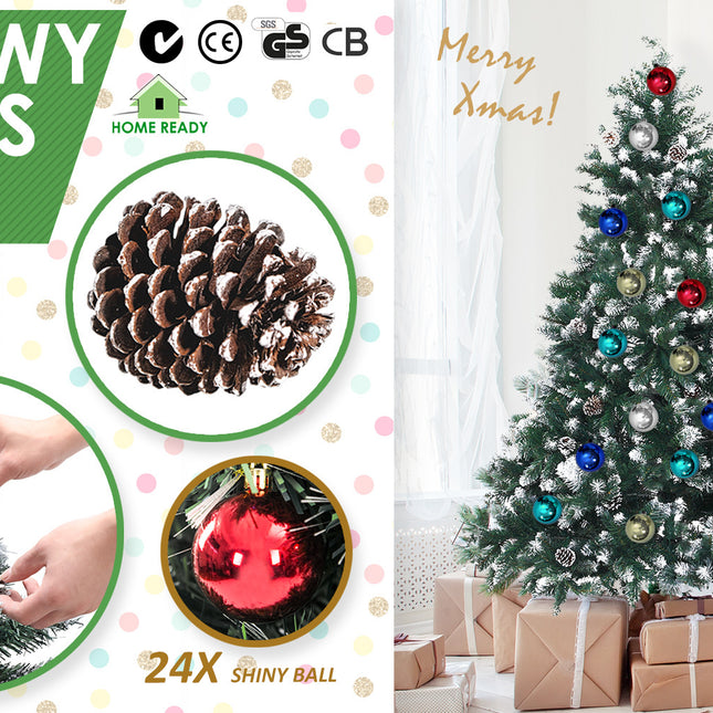 Home Ready 5Ft 150cm 720 tips Green Snowy Christmas Tree Xmas Pine Cones + Bauble Balls