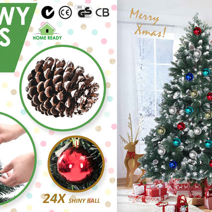 Home Ready 6Ft 180cm 930 tips Green Snowy Christmas Tree Xmas Pine Cones + Bauble Balls