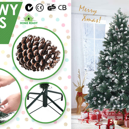 Home Ready 6Ft 180cm 930 tips Green Snowy Christmas Tree Xmas Pine Cones