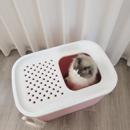 YES4PETS XXL Top Entry Cat Litter Box No Mess Large Enclosed Covered Kitty Tray Pink
