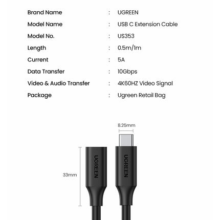 UGREEN 10387 USB-C Extension Cable 1M