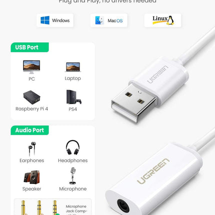 UGREEN USB A Male to 3.5 mm Aux Cable (White)