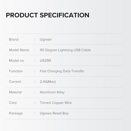 UGREEN 60521 USB-A to 8-pin 90 Degree Angel Cable 1M