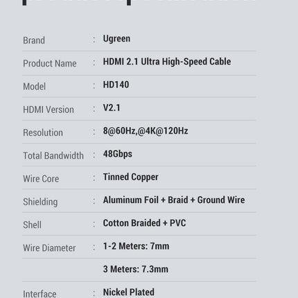 UGREEN 60633 8K 60 HZ HDMI 2.1 A M/M Cable with Braided 10M