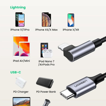 UGREEN 60763 90 Degree USB-C to iPhone 8-pin Cable 1M