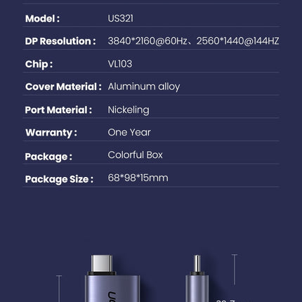 UGREEN 70451 USB-C Male to DP Female Adapter Aluminium Case 4K/2K 60Hz (Dark Gray)