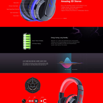 OVLENG MX666 Wireless Bluetooth Music Headphones with Mic Noise Canceling - Red