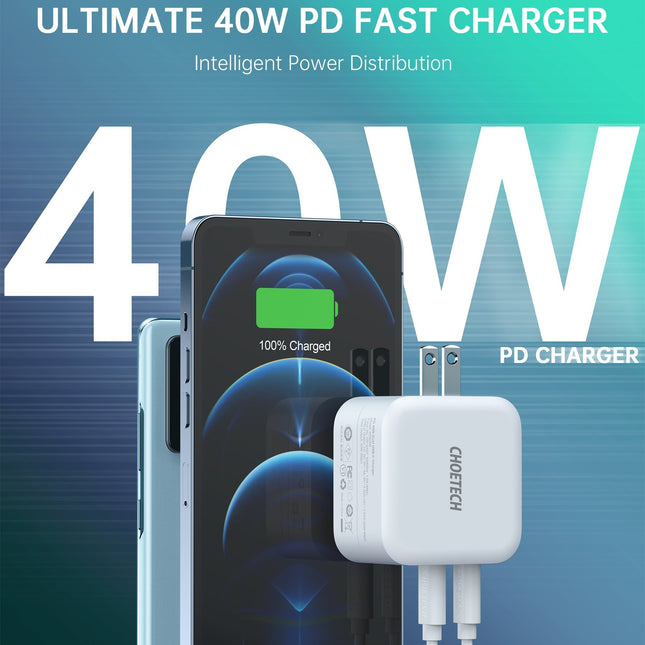 Choetech PD6009 40W Dual Fast USB C Charger 2-Port 20W PD 3.0 With Foldable Plug