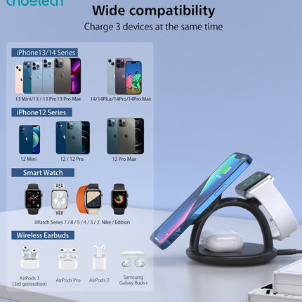CHOETECH T587-F 3-in-1 Magnetic Wireless Charger Station for iPhone 12/13/14/AirPods Pro/iWatch