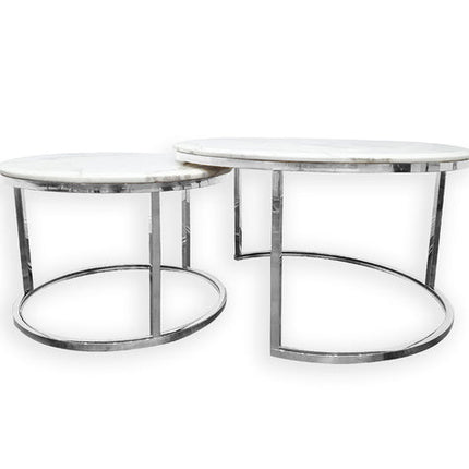 Nesting Style Coffee Table - White on Silver Stainless Steel - 80cm/60cm