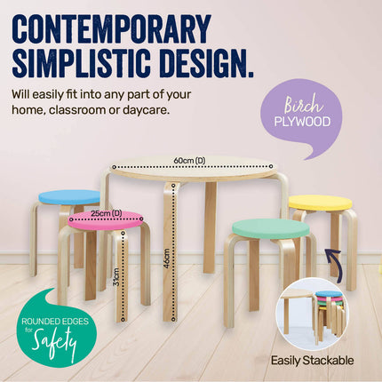 Home Master 5PCE Kids Wooden Table &amp; Coloured Stools Set Stackable Sturdy