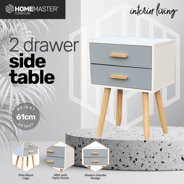 Home Master 2 Drawer Side Table Sleek Modern & Stylish Neutral Design 61cm