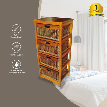Hyssop Tallboy 4 Chest of Drawers Cane Bedroom Kitchen Bathroom Storage Shelf