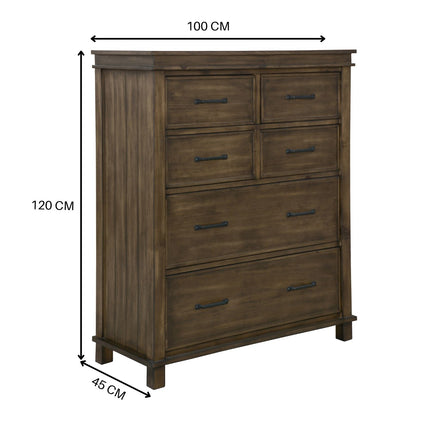 Lily Tallboy 6 Chest of Drawers Solid Pine Wood Bed Storage Cabinet -Rustic Grey
