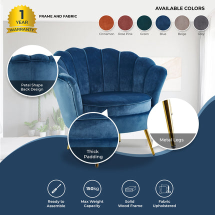 Bloomer Velvet Fabric Accent Sofa Love Chair Round Ottoman Set - Blue