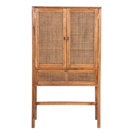 Jasmine Tall Storage Cabinet 90cm 2 Door 1 Drawer Mindi Wood Rattan - Brown