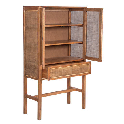 Jasmine Tall Storage Cabinet 90cm 2 Door 1 Drawer Mindi Wood Rattan - Brown