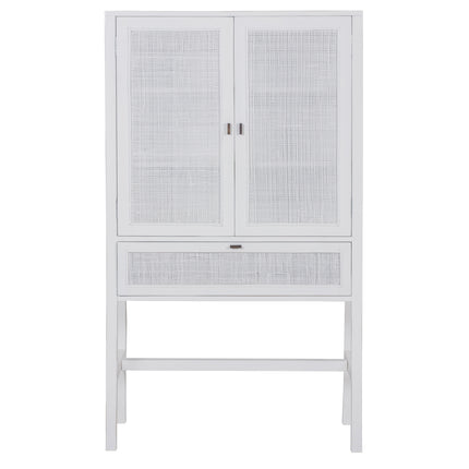 Jasmine Tall Storage Cabinet 90cm 2 Door 1 Drawer Mindi Wood Rattan - White
