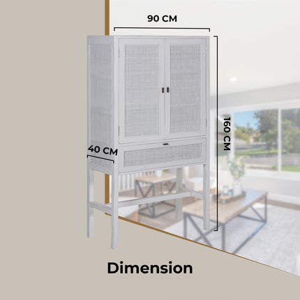 Jasmine Tall Storage Cabinet 90cm 2 Door 1 Drawer Mindi Wood Rattan - White