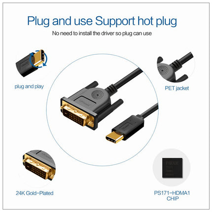 1.8M USB Type C USB-C Thunderbolt 3 to DVI Cable Male to Male Converter