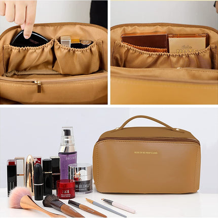 Large Travel Cosmetic Bag Portable Make up Makeup Bag Waterproof PU Leather Storage Brown