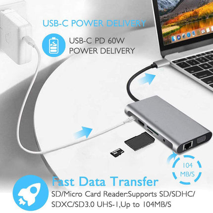 USB HUB C 10 in 1 Type C Adapter Dock 3 USB 3.0 Port 4K HDMI 1080P VGA RJ45 Ethernet