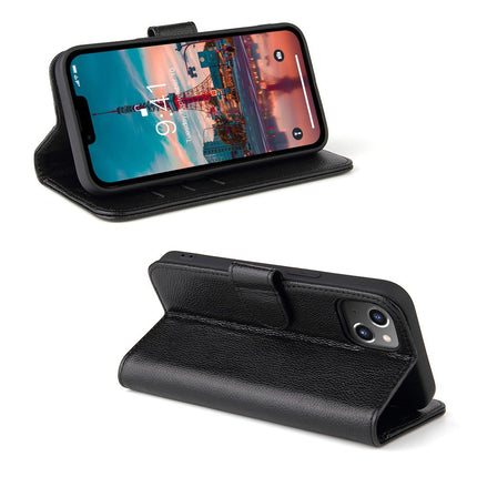 For iPhone 14 Case iCoverLover Black Genuine Cow Leather Wallet Folio Cover