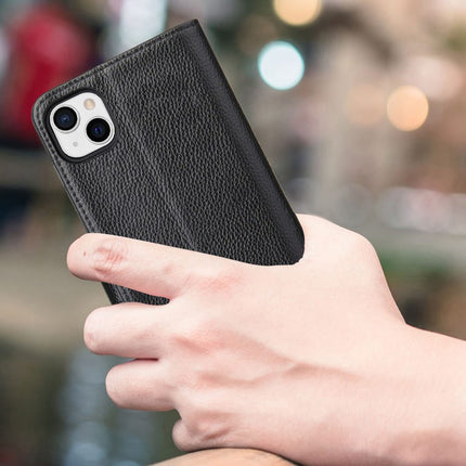 For iPhone 14 Case iCoverLover Black Genuine Cow Leather Wallet Folio Cover