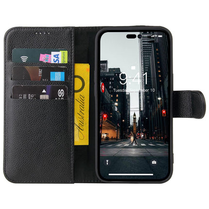 For iPhone 14 Pro Max Case iCoverLover Black Genuine Cow Leather Wallet Folio Cover