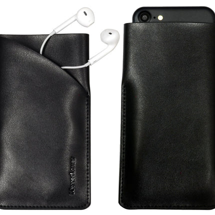 For iPhone SE 5G (2022), SE (2020) / 8 / 7,6S Headphones Pouch, Real Top-Grain Leather Bag,Black