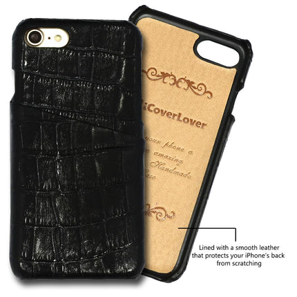 For iPhone SE 5G (2022), SE (2020) / 8 / 7 Case, Crocodile Shell Genuine Cow Leather Cover,Black