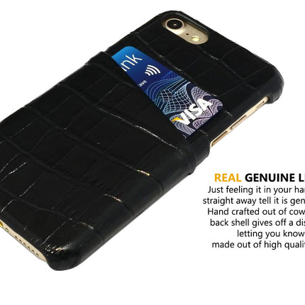 For iPhone SE 5G (2022), SE (2020) / 8 / 7 Case, Crocodile Shell Genuine Cow Leather Cover,Black