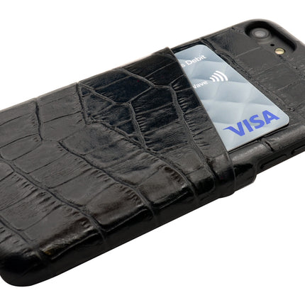 For iPhone SE 5G (2022), SE (2020) / 8 / 7 Case, Crocodile Shell Genuine Cow Leather Cover,Black