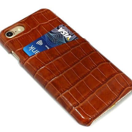 For iPhone SE 5G (2022), SE (2020) / 8 / 7 Case, Light Brown Crocodile Pattern Genuine Leather Protective Shell