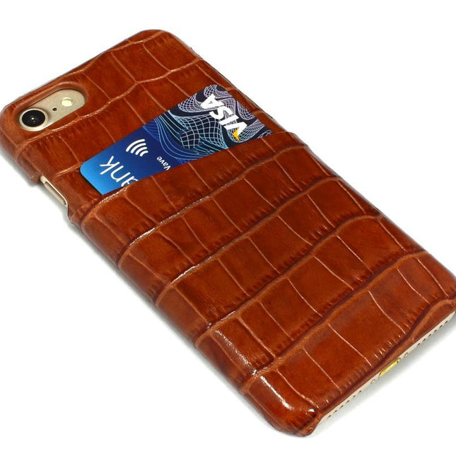 For iPhone SE 5G (2022), SE (2020) / 8 / 7 Case, Light Brown Crocodile Pattern Genuine Leather Protective Shell