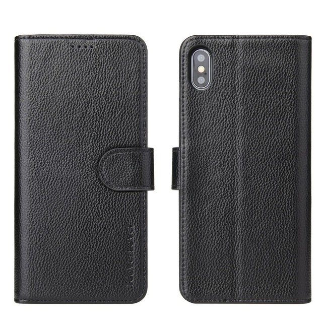 For iPhone XS,X Cover,iCoverLover Genuine Cow Leather Wallet Flip Case,Black