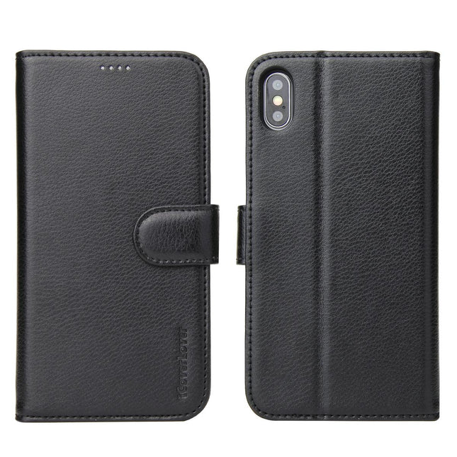 For iPhone XS Max Case iCoverLover Black Genuine Cow Leather Wallet Folio Case, 3 Card Slots, 1 Cash Compartment