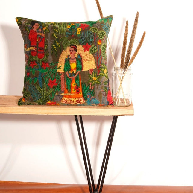 Linen Connections Frida Kahlo Velvet Cushion Cover Frida's Garden Cushion Handmade Mexico Muertes Decorative Cushion 100% cotton velvet