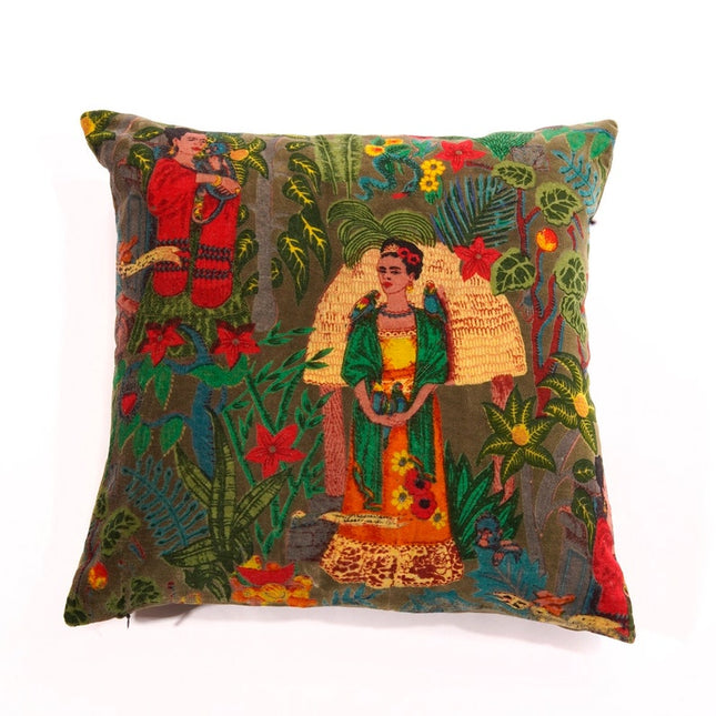 Linen Connections Frida Kahlo Velvet Cushion Cover Frida's Garden Cushion Handmade Mexico Muertes Decorative Cushion 100% cotton velvet