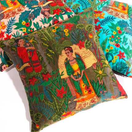 Linen Connections Frida Kahlo Velvet Cushion Cover Frida's Garden Cushion Handmade Mexico Muertes Decorative Cushion 100% cotton velvet