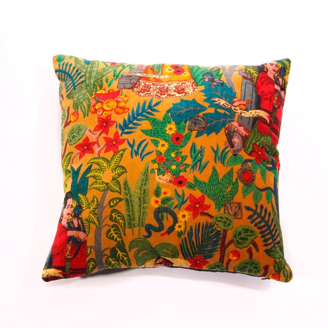 Linen Connections Frida Kahlo Velvet Cushion Cover Frida's Garden Cushion Handmade Mexico Muertes Decorative Cushion 100% cotton velvet