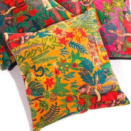 Linen Connections Frida Kahlo Velvet Cushion Cover Frida's Garden Cushion Handmade Mexico Muertes Decorative Cushion 100% cotton velvet