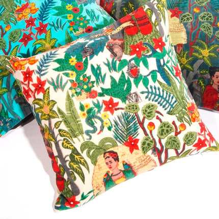 Linen Connections Frida Kahlo Velvet Cushion Cover Frida's Garden Cushion Handmade Mexico Muertes Decorative Cushion 100% cotton velvet