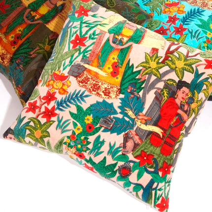 Linen Connections Frida Kahlo Velvet Cushion Cover Frida's Garden Cushion Handmade Mexico Muertes Decorative Cushion 100% cotton velvet