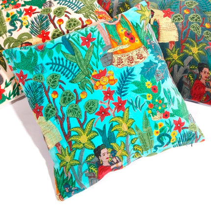 Linen Connections Frida Kahlo Velvet Cushion Cover Frida's Garden Cushion Handmade Mexico Muertes Decorative Cushion 100% cotton velvet