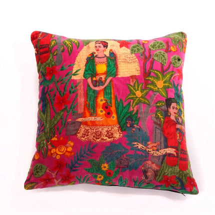 Linen Connections Frida Kahlo Velvet Cushion Cover Frida's Garden Cushion Handmade Mexico Muertes Decorative Cushion 100% cotton velvet