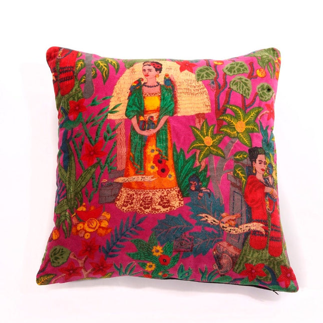Linen Connections Frida Kahlo Velvet Cushion Cover Frida's Garden Cushion Handmade Mexico Muertes Decorative Cushion 100% cotton velvet