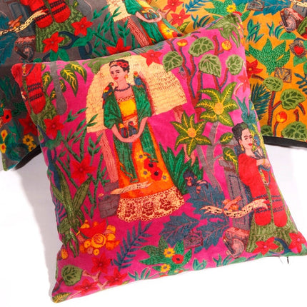 Linen Connections Frida Kahlo Velvet Cushion Cover Frida's Garden Cushion Handmade Mexico Muertes Decorative Cushion 100% cotton velvet